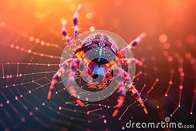 Nighttime intrigue Spooky arachnid spins a multi colored web skillfully Stock Photo