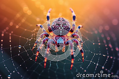 Nighttime intrigue Spooky arachnid spins a multi colored web skillfully Stock Photo