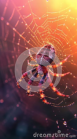 Nighttime intrigue Spooky arachnid spins a multi colored web skillfully Stock Photo