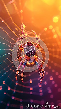 Nighttime intrigue Spooky arachnid spins a multi colored web skillfully Stock Photo