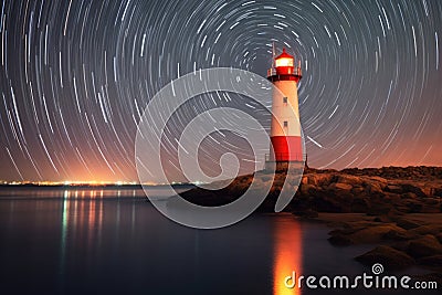 nighttime long exposure of a lighthouse with star trails above Stock Photo