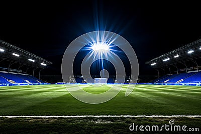 Nighttime magic enchanting soccer pitch shines in empty stadium under captivating lights. Stock Photo