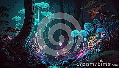 Nighttime magic, an ethereal journey through the luminous flowers of a fantasy forest Stock Photo