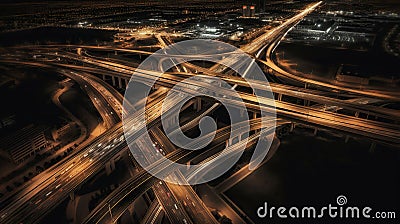 Nighttime Network: Mesmerizing Aerial Photograph Showcasing a Complex Intersecting Highway. Generative AI Stock Photo