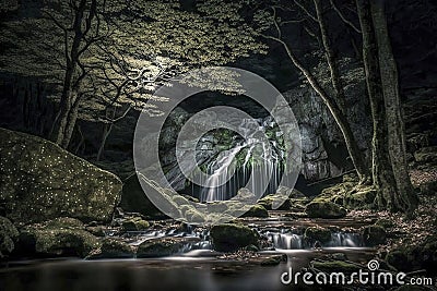 Nighttime Serenity: A Majestic Waterfall Illuminated by Moonlight, ai generative Stock Photo