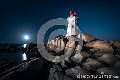 Nighttime Shadows: A Long Exposure of a Rotating Lighthouse Beam by the Sea Stock Photo