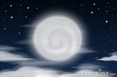 Nighttime sky background with full moon, clouds and stars. Moonlight night Vector Illustration