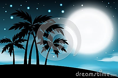 Nighttime sky background with full moon and trees, clouds and stars. Moonlight night. Vector Illustration