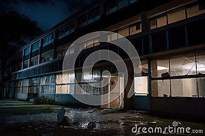nighttime view of deserted hospital, with broken windows and shattered glass Stock Photo