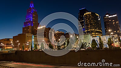 Nighttime view of the power and light district in Kansas City Missouri. Editorial Stock Photo