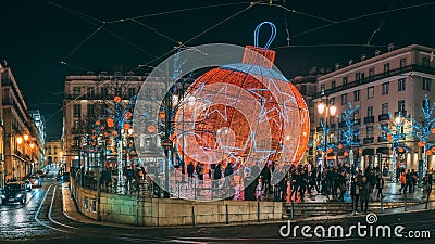 Scenic view of Christmas decorations on the streets of Lisbon, Portugal at night Editorial Stock Photo