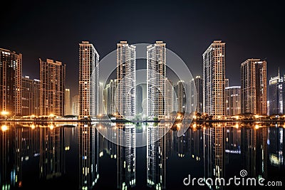 nighttime view of towering high-rises, with the lights shining and reflections shimmering in the water Stock Photo