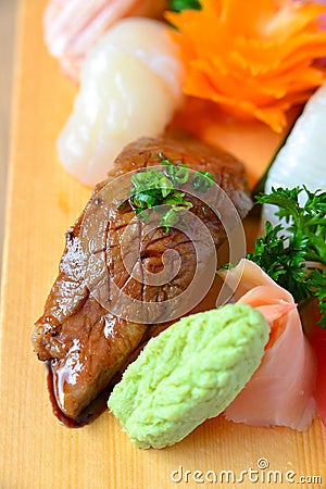 Nigiri sushi grilled wagyu beef Stock Photo