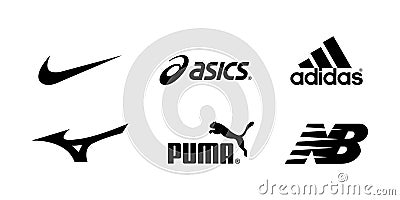 Nike, Asics, Adidas, Mizuno, Puma, New balance - logos of sports equipment and sportswear company. Kyiv, Ukraine - November 15, Vector Illustration