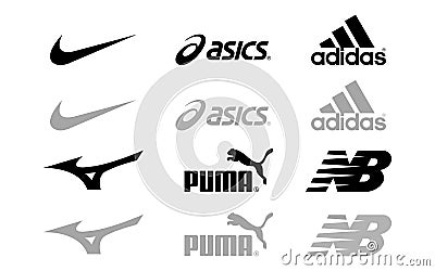 Nike, Asics, Adidas, Mizuno, Puma, New balance - logos of sports equipment and sportswear company. Kyiv, Ukraine - November 15, Vector Illustration