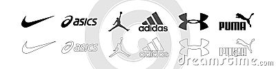 Nike, Asics, Jordan, Adidas, Under Armour, Puma - logos of sports equipment and sportswear company. Kyiv, Ukraine - November 8, Vector Illustration