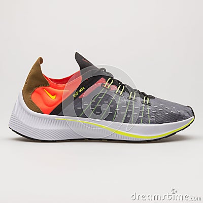 Nike Exp X14 black, volt crimson, yellow and white sneaker Editorial Stock Photo