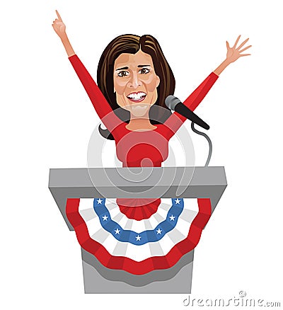 Cartoon caricature of Nikki Haley, 2024 Republican presidential candidate. Vector Illustration
