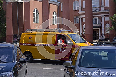 Nikolaev, Ukraine - August 18, 2020: Special vehicle for Emergency gas service in city traffic Editorial Stock Photo