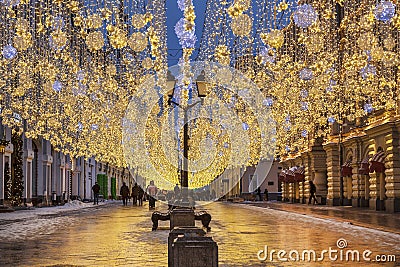 Nikolskaya street decorated during Christmas and new year holidays, Moscow, Editorial Stock Photo