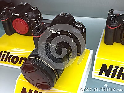 Nikon camera in show case Editorial Stock Photo