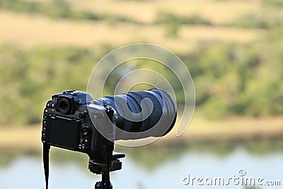 A Nikon DSLR camera and telephoto lens on a tripod Editorial Stock Photo