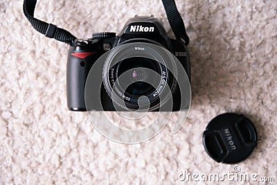 Nikon DSLR D3000 camera with 18-55 lens, front view Editorial Stock Photo