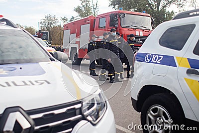 NIKOPOL, UKRAINE - 09/28/2021: Close-up of police cars without labels or markings. A parade of cars of the defenders of order and Editorial Stock Photo