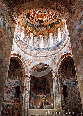 Nikortsminda, Georgia - 28 April, 2017: Interior and frescoes mural in Nikortsminda Cathedral in Racha, Georgia Editorial Stock Photo