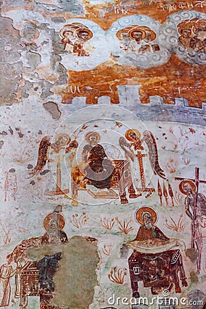 Nikortsminda, Georgia - 28 April, 2017: Interior and frescoes mural in Nikortsminda Cathedral in Racha, Georgia Editorial Stock Photo