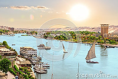 The Nile river, boats and views of Aswan city, Egypt Editorial Stock Photo