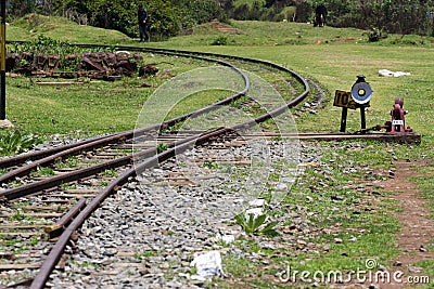 Nilgiri Mountain Railway. Tamil Nadu state, India. Blue train. Unesco heritage. Narrow-gauge. Railroad, turnout gear Stock Photo