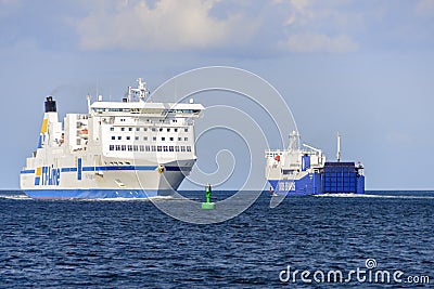 The Nils Holgersson meets the Anglia Seaways at sea Editorial Stock Photo