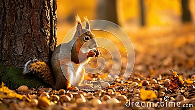 Nimble squirrel gathering nuts, beautiful nature background with autumn forest and rich amber glowing lights during sunset time Stock Photo