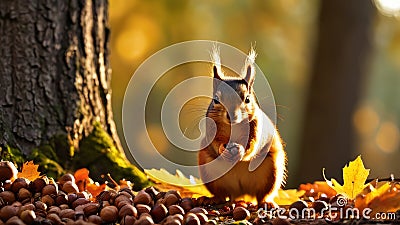 Nimble squirrel gathering nuts, beautiful nature background with autumn forest and rich amber glowing lights during sunset time Stock Photo