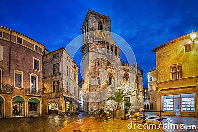 Nimes Cathedral at dusk, France Stock Photo