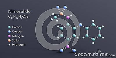 nimesulide molecule 3d rendering, flat molecular structure with chemical formula and atoms color coding Stock Photo