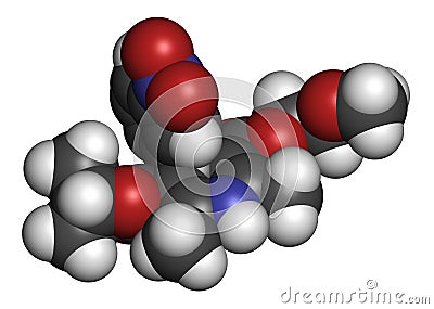 Nimodopine vasospasm drug molecule. 3D rendering. Atoms are represented as spheres with conventional color coding: hydrogen (white Stock Photo
