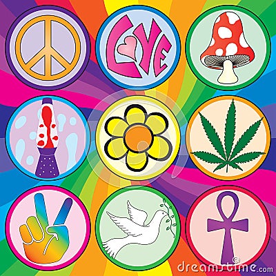 Nine 60s icons on a rainbow background Vector Illustration