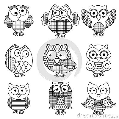 Nine amusing cartoon owl outlines Vector Illustration