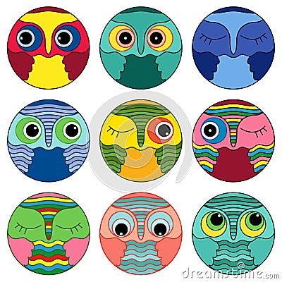 Nine amusing owl faces in a circle Vector Illustration