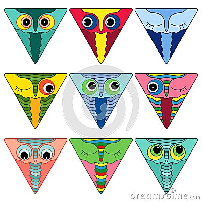 Nine amusing owl faces in triangle shapes Vector Illustration