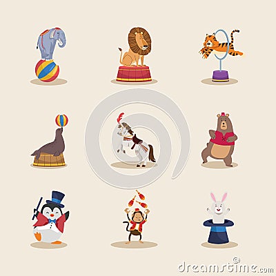 nine animals circus characters Vector Illustration