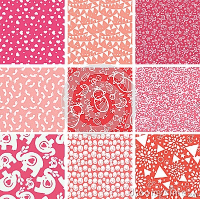 Nine baby girl pink seamless patterns backgrounds Vector Illustration