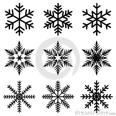 Nine black snowflakes set icon winter crystal snow vector Vector Illustration