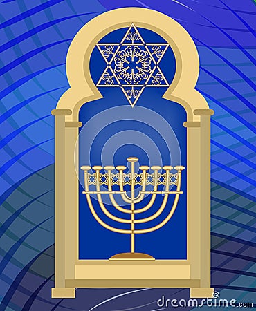 Nine branched candle holder and David star in synagogue window. Vector Illustration