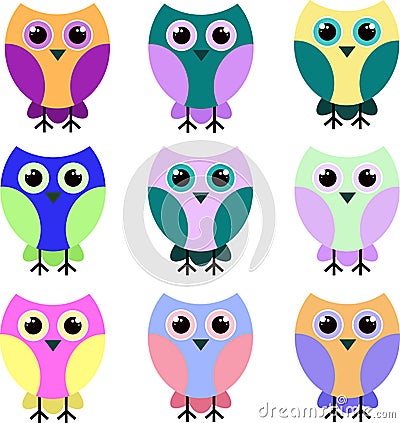 Nine brightly colored owls in identical poses. Icons. Vector illustration. Vector Illustration