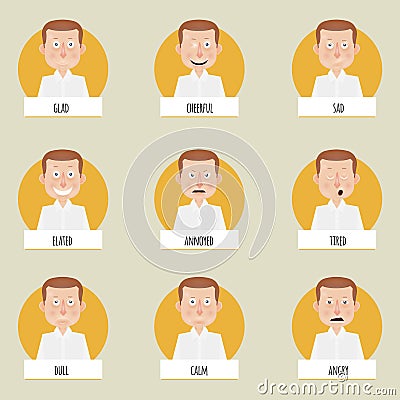 Nine cartoon emotions faces for vector characters. Vector Illustration