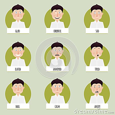 Nine cartoon emotions faces for vector characters. Vector Illustration