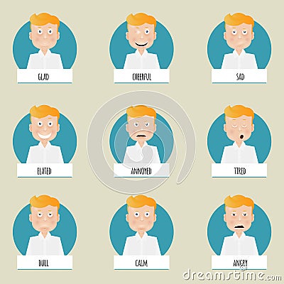 Nine cartoon emotions faces for vector characters. Vector Illustration